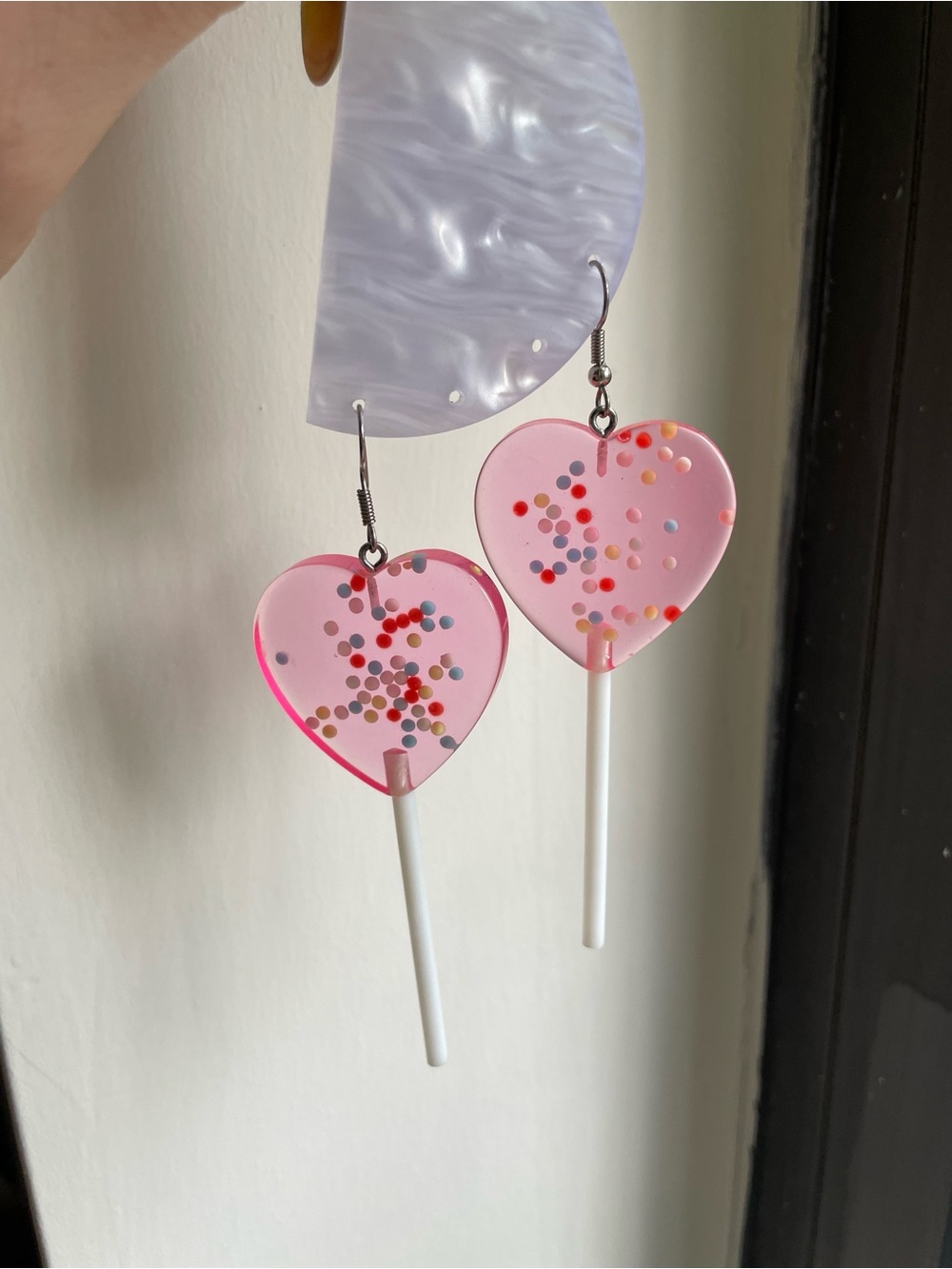 Pink Heart Lollipop Dangle Earrings with Confetti